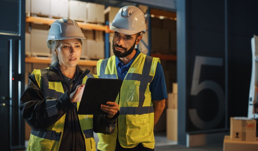 Zwei Lagerarbeiter in Schutzwesten und Helmen überprüfen Daten auf einem Tablet in einer Logistikhalle