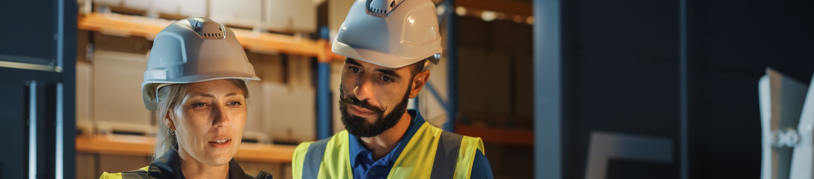Zwei Lagerarbeiter in Schutzwesten und Helmen überprüfen Daten auf einem Tablet in einer Logistikhalle
