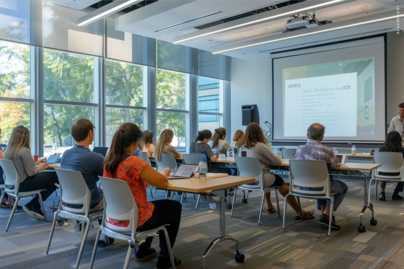 Teilnehmende sitzen im modernen Seminarraum und folgen einer Präsentation – steht für praxisnahes Lernen und die aktive Mitgestaltung als Trainer/-in an der IHK Akademie München und Oberbayern.