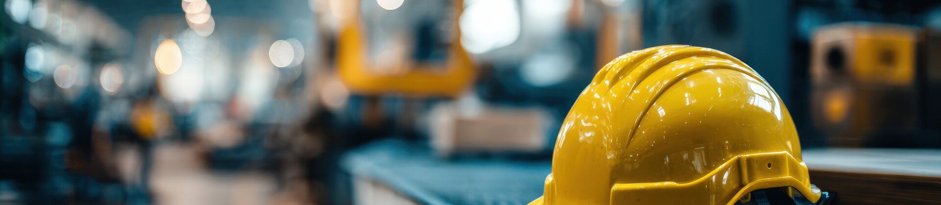 Arbeitssicherheit Weiterbildung: Gelber Schutzhelm in einer Produktionshalle als Symbol für Sicherheit am Arbeitsplatz.