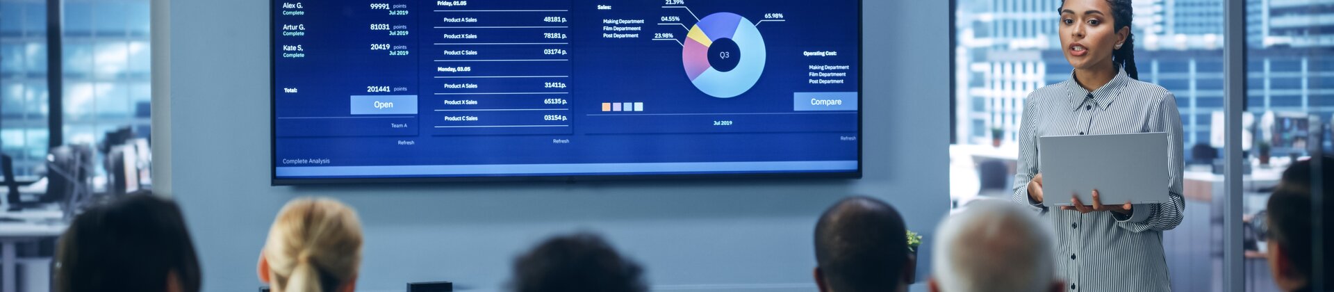 Change- & Transformationsmanager IHK Weiterbildung: Referentin präsentiert ein digitales Dashboard mit Kennzahlen vor Teilnehmenden.