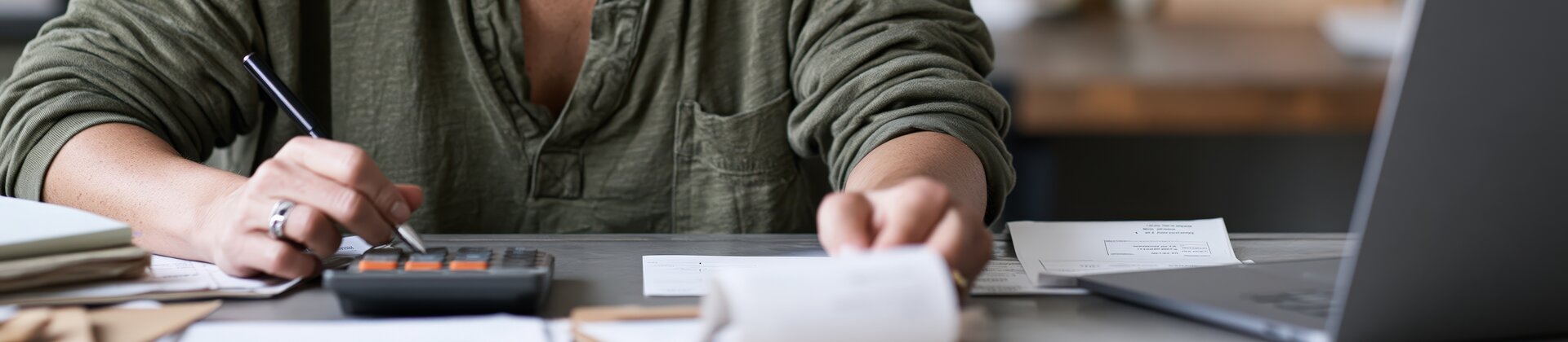 Eine Frau mit lockigen Haaren sitzt am Schreibtisch und prüft konzentriert Unterlagen, daneben ein aufgeklappter Laptop.