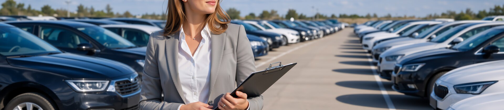 Eine Fuhrparkmanagerin im grauen Business-Outfit steht mit einem Klemmbrett auf einem großen Parkplatz mit vielen aufgereihten Autos.