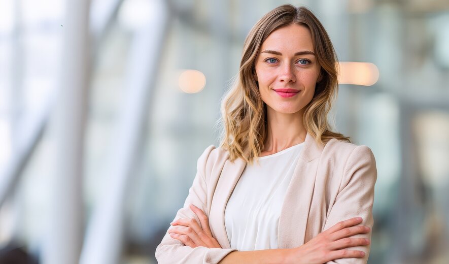 Weiterbildung Führungstraining: Junge Führungskraft steht selbstbewusst in einem modernen Arbeitsumfeld.