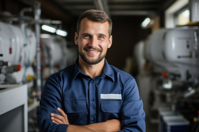 Mitarbeiter in blauer Arbeitskleidung steht in einer Produktionshalle und lächelt – Sinnbild für praxisnahes Know-how und Führungskompetenz im dritten Teil der Weiterbildung zum/zur Geprüften Industriemeister/-in Chemie.