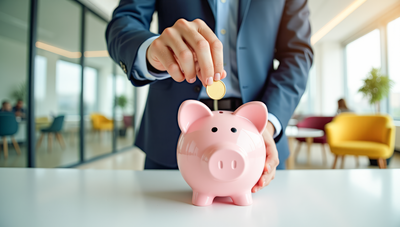 Geschäftsperson wirft Münze in rosafarbenes Sparschwein – Symbol für KOMPASS-Förderung und finanzielle Unterstützung von Weiterbildungen