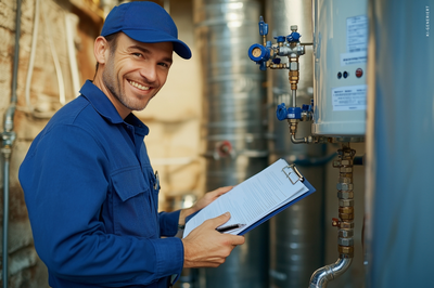 Mann in blauer Arbeitskleidung prüft Anlagen mit Klemmbrett – Symbolbild für die Weiterbildung Elektrofachkraft für festgelegte Tätigkeiten (EFKffT) IHK