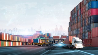 Transport of container cargo truck at container yard background, Commercial seaport and depot service management system, Logistics import export goods of freight global transportation industry concept