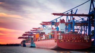 Germany, Hamburg, Port of Hamburg, Harbour, container ship in the evening